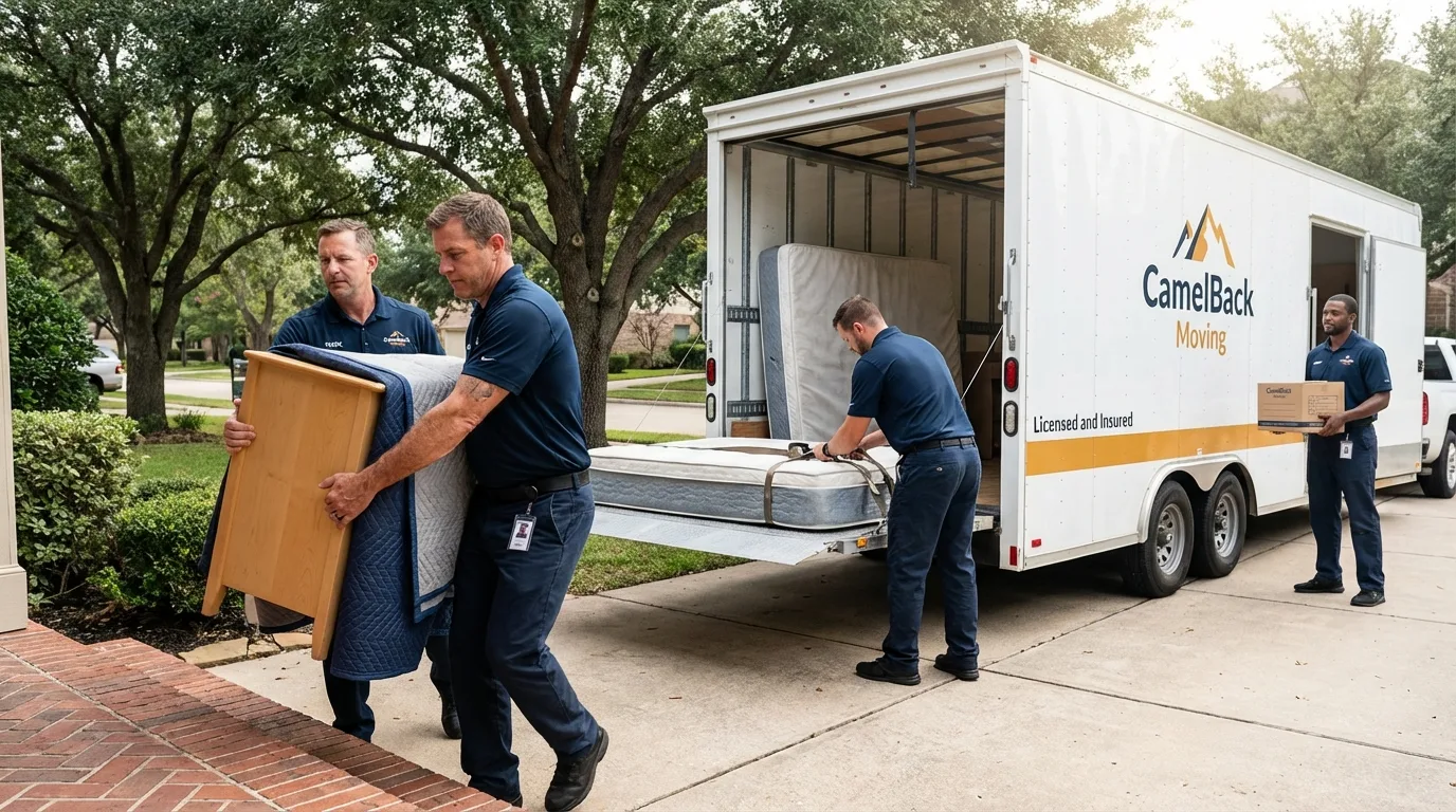 Crew loading residential truck for cross-state move from Live Oak, CA