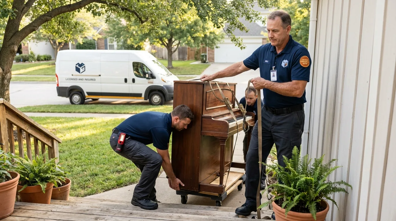 Licensed piano movers securing grand piano in Live Oak, CA