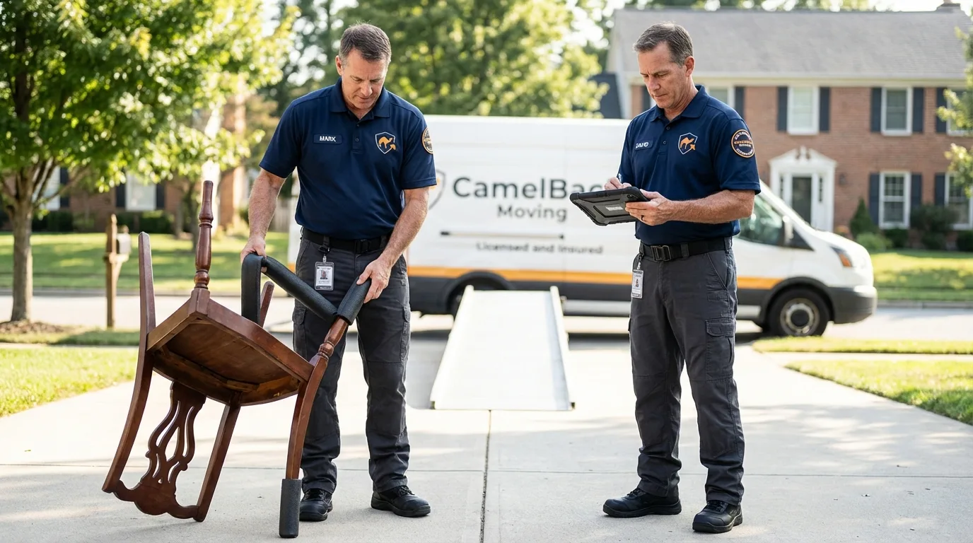 Movers inspecting furniture for damage prevention before loading in Live Oak, CA