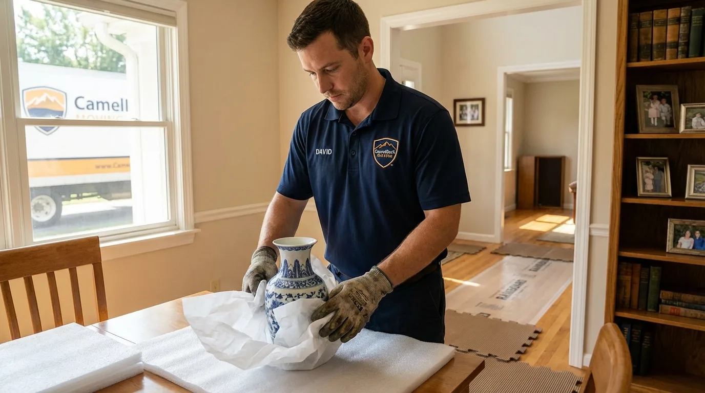 Professional crew carefully wrapping antique vase for senior downsizing move in Live Oak, CA